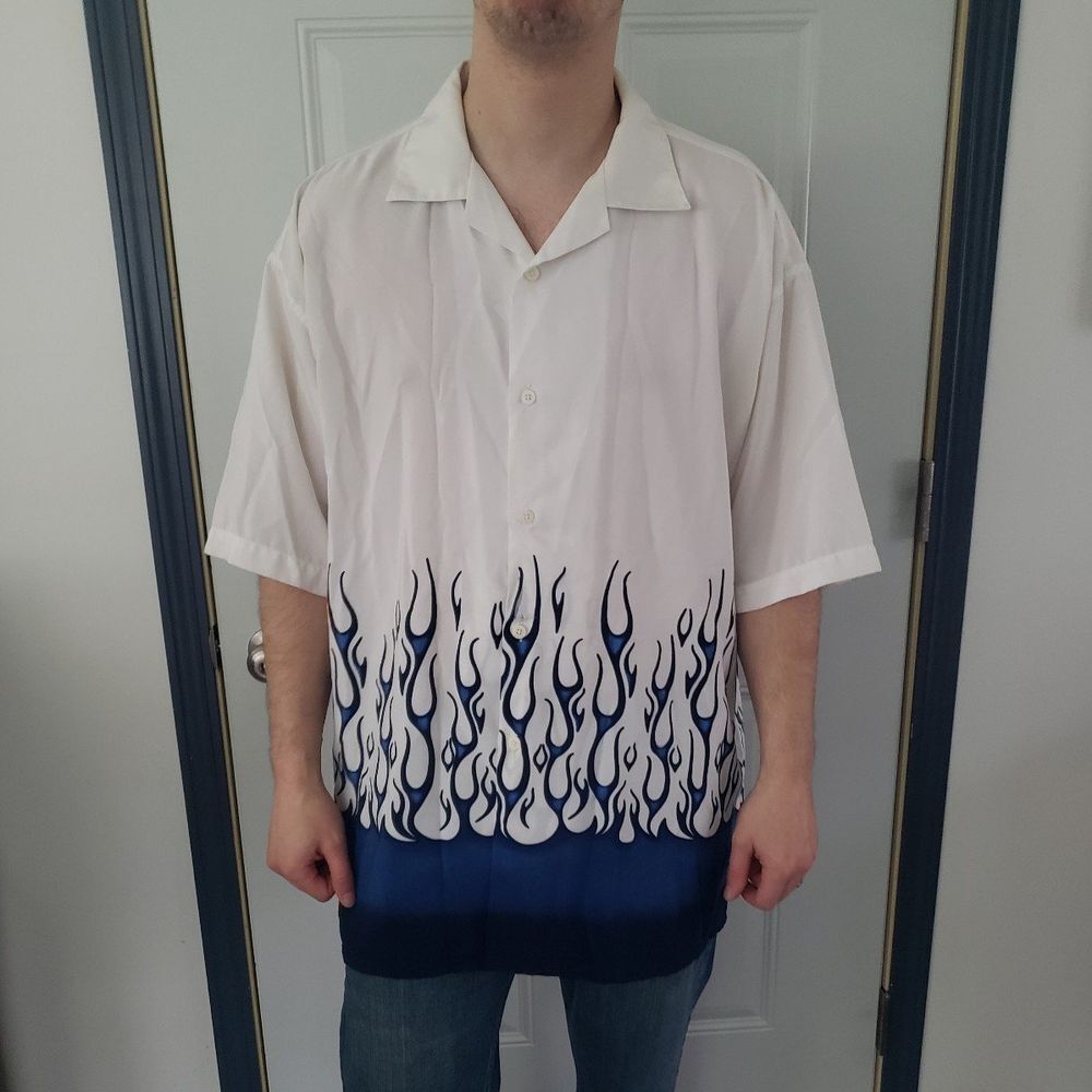 Y2K White and Blue Flames Button Down Shirt